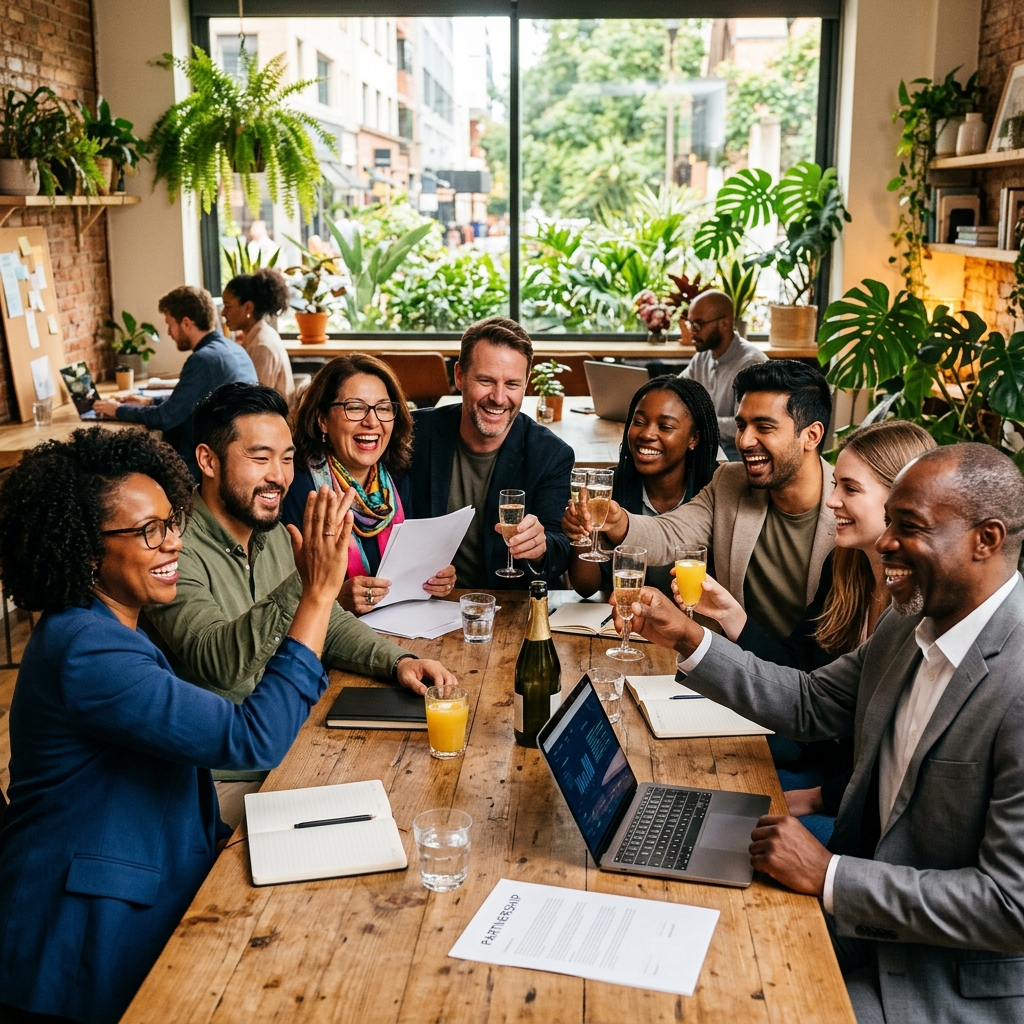 Diverse team celebrating partnership